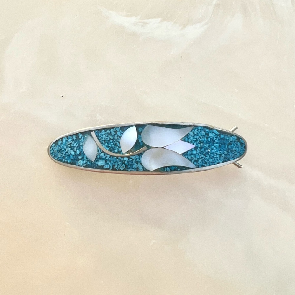 VINTAGE 70s French Silver Flower Mother of Pearl Barrette Hair Clip - Picture 1 of 5